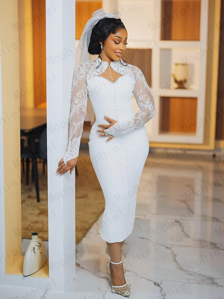 Elegant Africa Wedding Dresses for Bride Long Sleeves Midi Length Courthouse Civil Bridal Gowns Laca Sheath Dress Customized