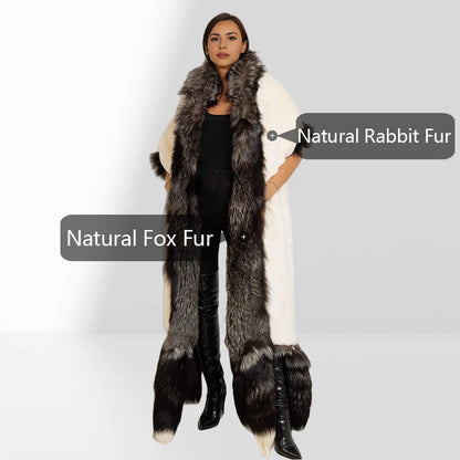 Unisex Double Face Silver Fox & White Rex Boa-Cape With Tails Real Fur Scarf Long Hot Selling Warm Natural Fur Scarf