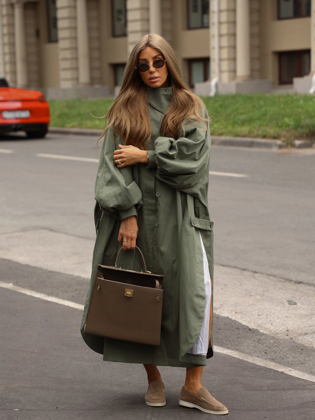 Women's Brown Stand Up Collar Long Long Trench Coat  Lantern Sleeve Side Slit Loose Windbreaker 2026 Spring Autumn Fashion Coat