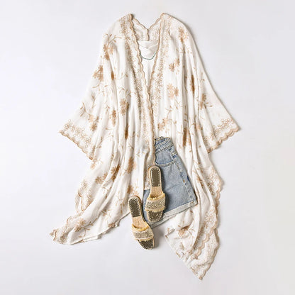 Bright Fashion Print Bohemian Long Cardigan Sweet Lady Beach Cover-Up Casual Holiday Party Kimono Maxi Stitch Boho