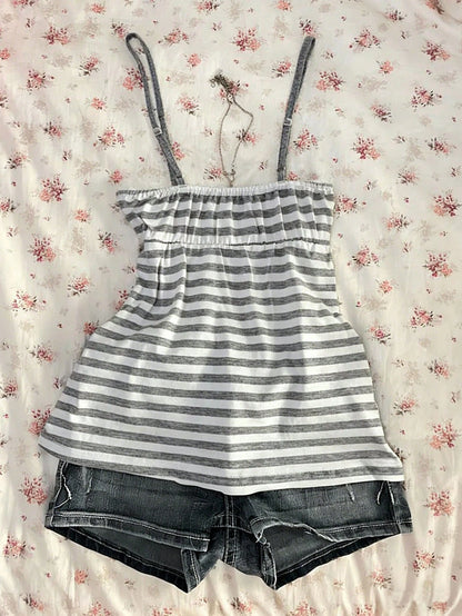 Women's Summer Retro Y2K Striped Vest, Lace Trim Neck Cami Top