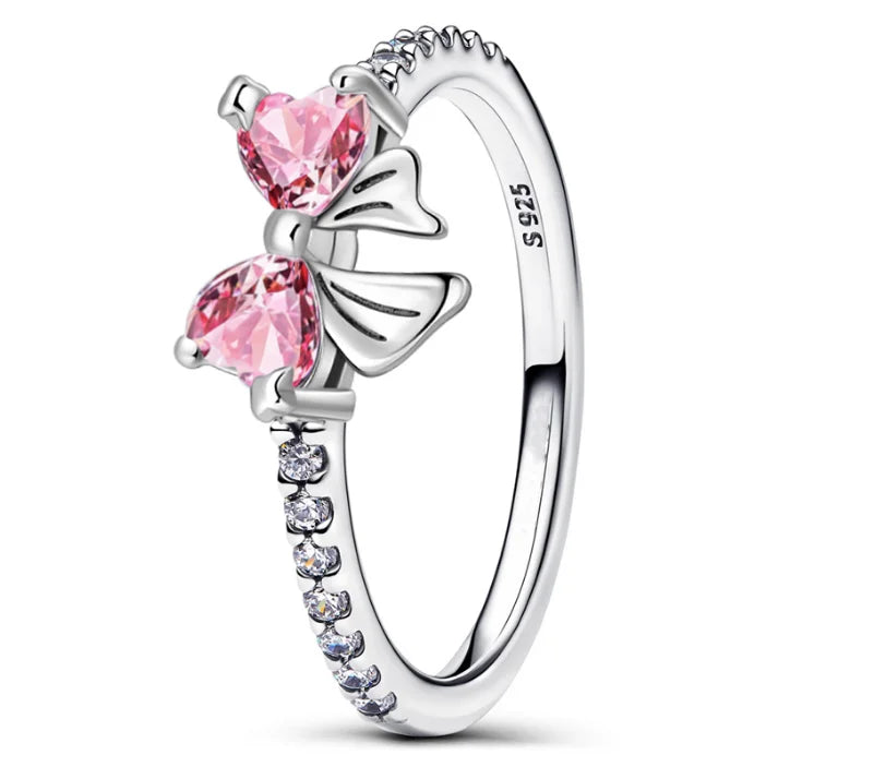 Luxury Original 925 Sterling Silver Heart-shaped Bow Flower Ring fit Women's High-end Jewelry Parties Valentine's Day Gifts