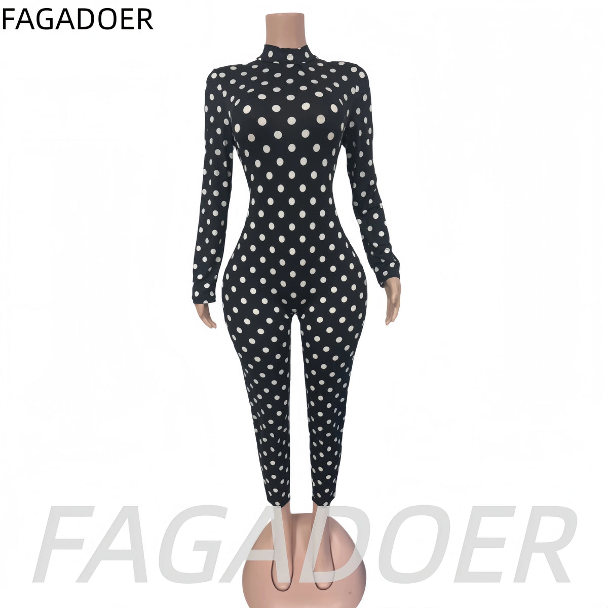 FAGADOER Sexy Women Polka Dot Bodycon Jumpsuit High Neck Long Sleeve Slim Fit One Piece Y2K Clubwear Party Outfit