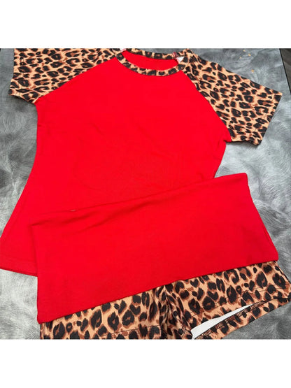 2026 summer new American retro leopard print patchwork short sleeved shorts set Y2K punk street fashion trend casual spicy girl