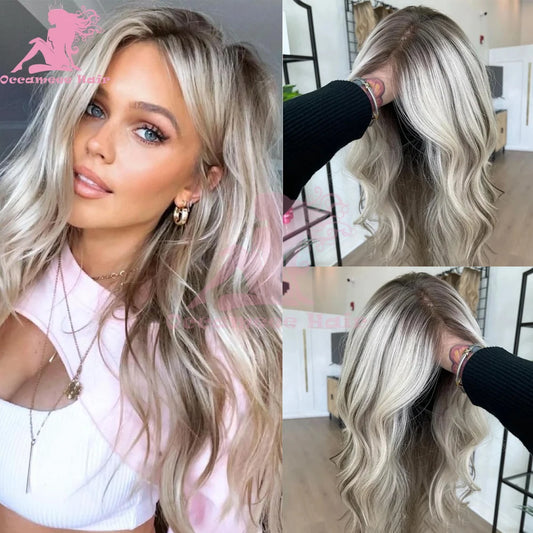 Ash Blonde Human Hair Wig Dark Roots Transparent Lace Frontal Human Hair Wigs 13x4 Lace Front Wigs with Baby Hair Pre Plucked Na