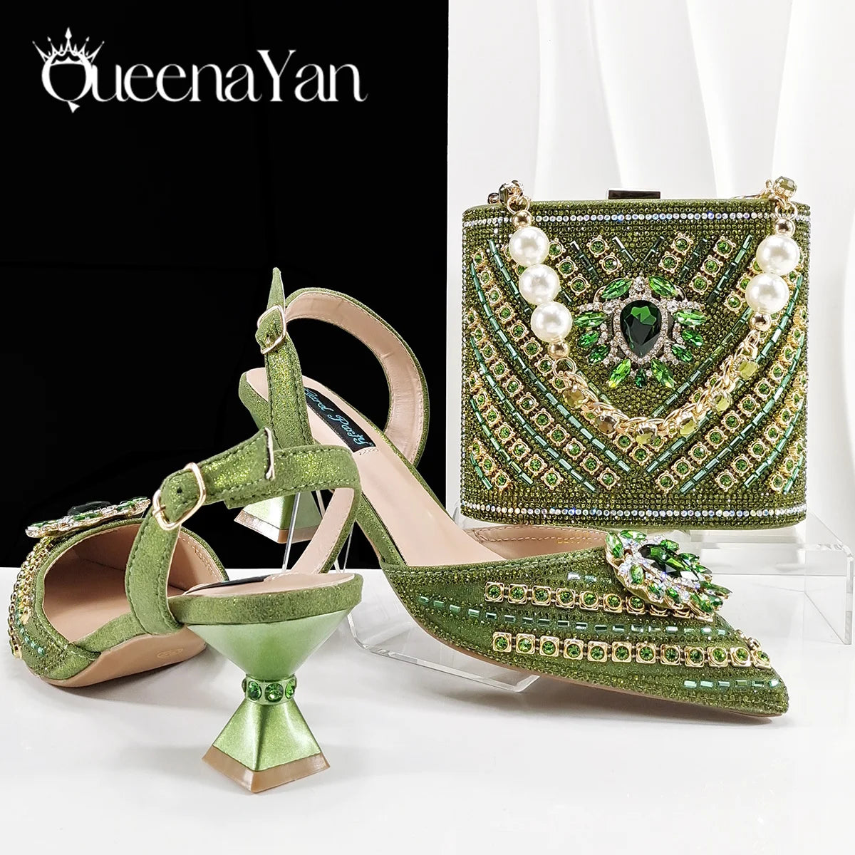 Queena Yan 2025 Italian Style Pointed Toe Rhinestone High Heels and Gold Wedge Bag Set - Elegant Ladies Party Women Shoes Heel