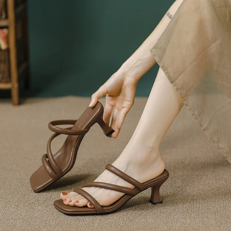 Elegant Ladies Glass Tacones Slippers Open Toe Thick Band Sandals Women High Heels Shoes Wedges Open Toe Slides Beach Sandalias