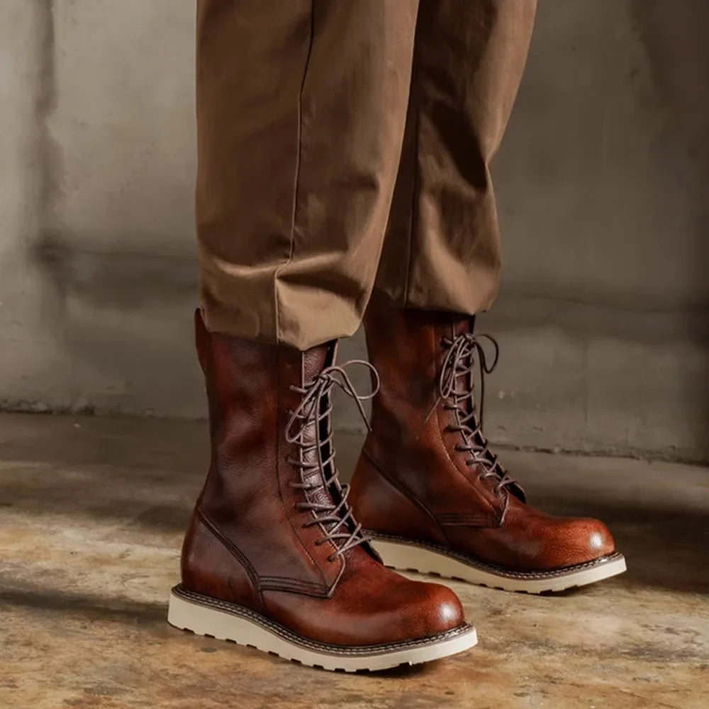 Fashion Men's Cow Genuine Leather Motorcycle Boots Brogue Shoes Retro High Round Toe Mid-calf Western Chelsea Riding Boots