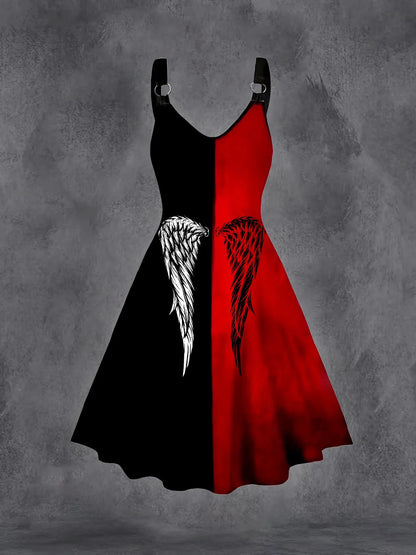 Plus Size Pentagram Flame Print O-Ring Strap Swing Mini Cami Dress Gothic