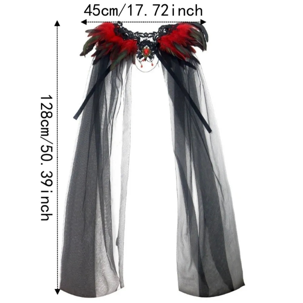 Black Halloween Feather Cloak Elegant Mesh Fringe Hollow Lace Mesh Cape Fur Collar Flowing Festival Costume Cape Gothic Carnival