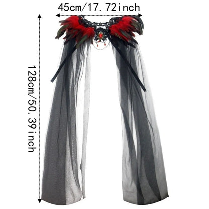 Black Halloween Feather Cloak Elegant Mesh Fringe Hollow Lace Mesh Cape Fur Collar Flowing Festival Costume Cape Gothic Carnival