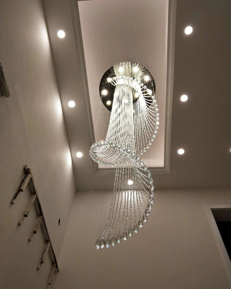 Modern Room Lights Spiral K9 Crystal Chandelier Staircase Creative LED Hanging Lamp Hotel Villa Decoraction Large Pendant Light
