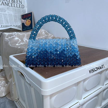 Gradient Blue Beaded Own Design Tote Bags for Women Customized Color Fashion Handbags for 2022 Chain Handle Clutch Evening Bag