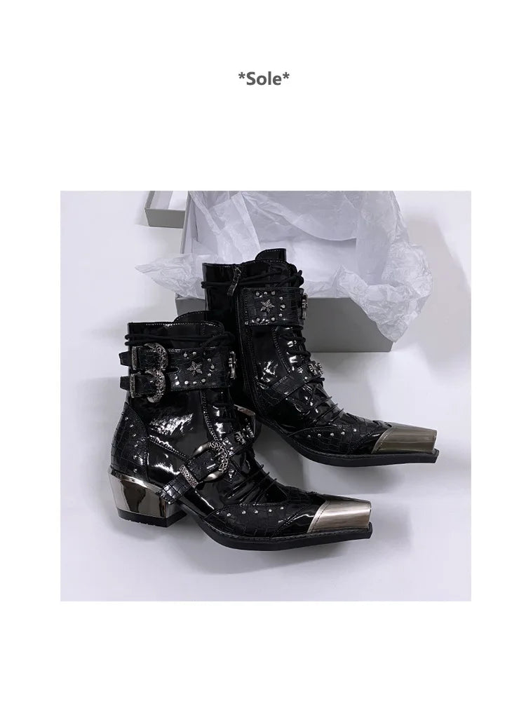 Gothic Punk Style Platform Couple Ankle Boots Designer Metal Decorative Belt Buckle Women Mans Motorcycle Booties Zapatos Hombre