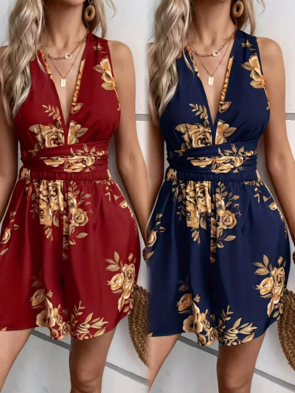 Women’s clothing featuring elegant and stylish prints, V-neck with hanging straps, back-exposed design, versatile jumpsuit.