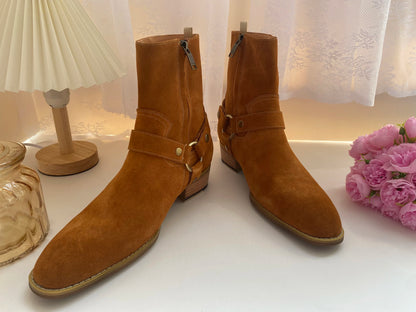 Brown Men Chelsea Boots Handmade High-quality Cow Suede Business Casual Square Toe Mid-heel Men Shoes Motorcycle Boots With Heel