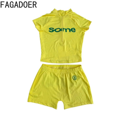 FAGADOER Fashion Letter Print Shorts 2 Piece Suits Casual Zipper Stand Collar Crop Top + Bodycon Shorts Outfits Streetwear Sets