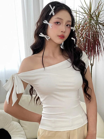 2025 Women'S Summer Ins Style New Shrink Pleated One-Shoulder Crop Top Backless Twist Tie Asymmetric T-Shirt Casual Top