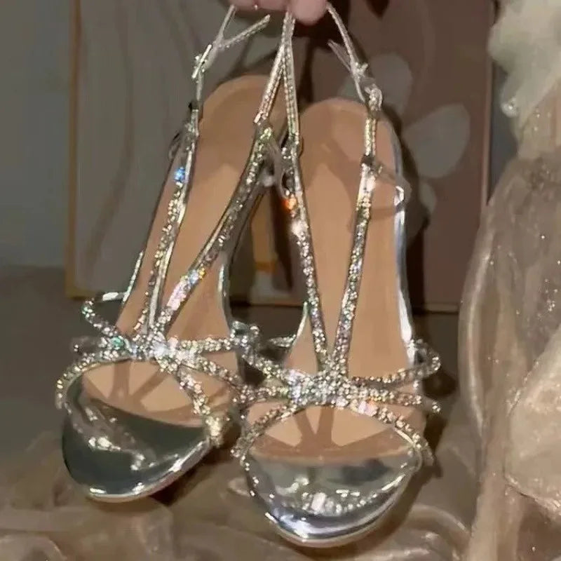 New Shiny Rhinestone High-heeled Sandals Elegant Open-toe Pointed Sandals Wedding Shoes Bridal Luxury Summer Size 35-41