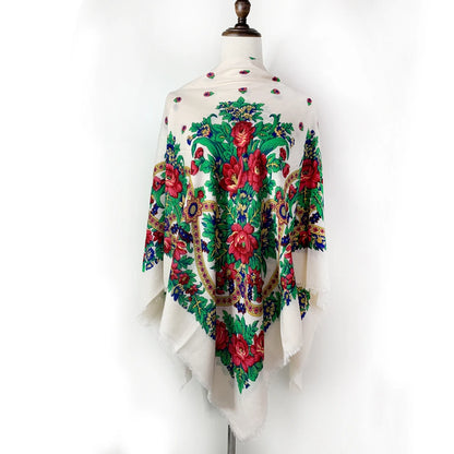 130*130cm Breathable Thin Russian Square Scarf Women Luxury Floral Print Ethnic Retro Bandana Shawl Foulard Femme Beach Stole