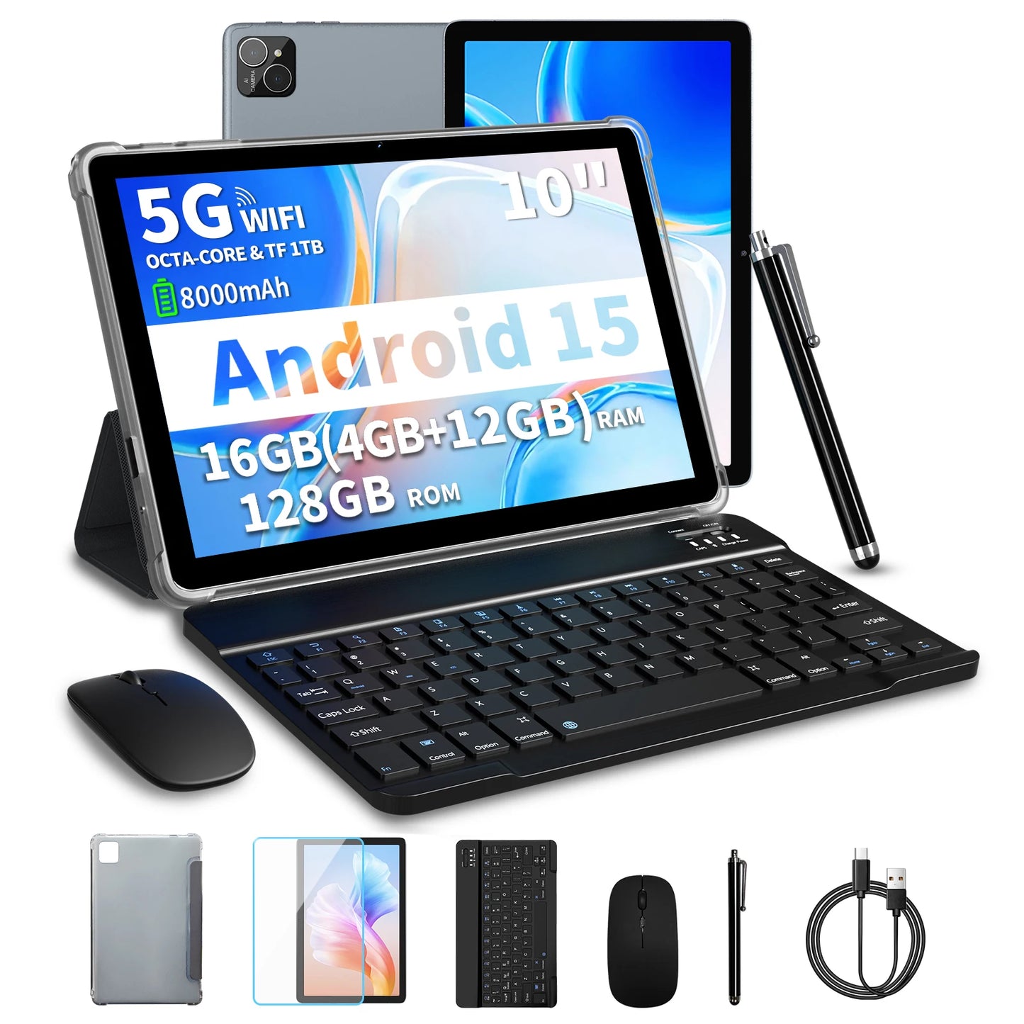 PRITOM TAB11 Android 15 Tablet 10 Inch, 16GB(4+12 Expand) RAM + 128GB ROM, Octa Core, 5G WiFi, with Keyboard, Mouse, Case