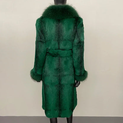 2024 New Autumn Winter Thickened Fur Coat for Women Rabbit Fur One-piece Long Style Real Fox Fur Collar Fashion Warm Coat Women