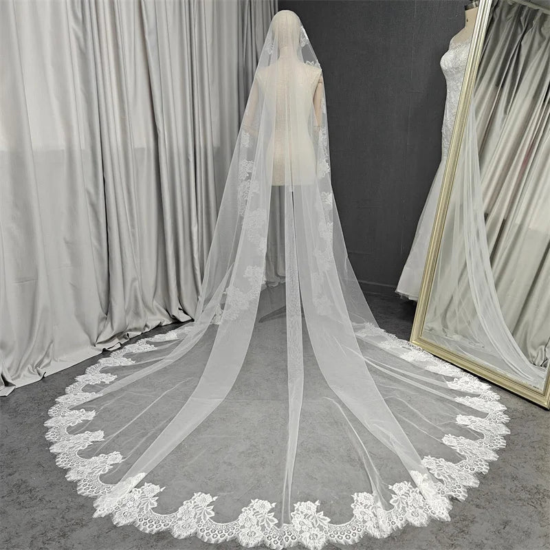 Customized Mantilla Wedding Veil with Eyelash Lace, 2.5m/3m/3.5m/4m Single Tier Long Ivory Bridal Veil with Hidden Comb