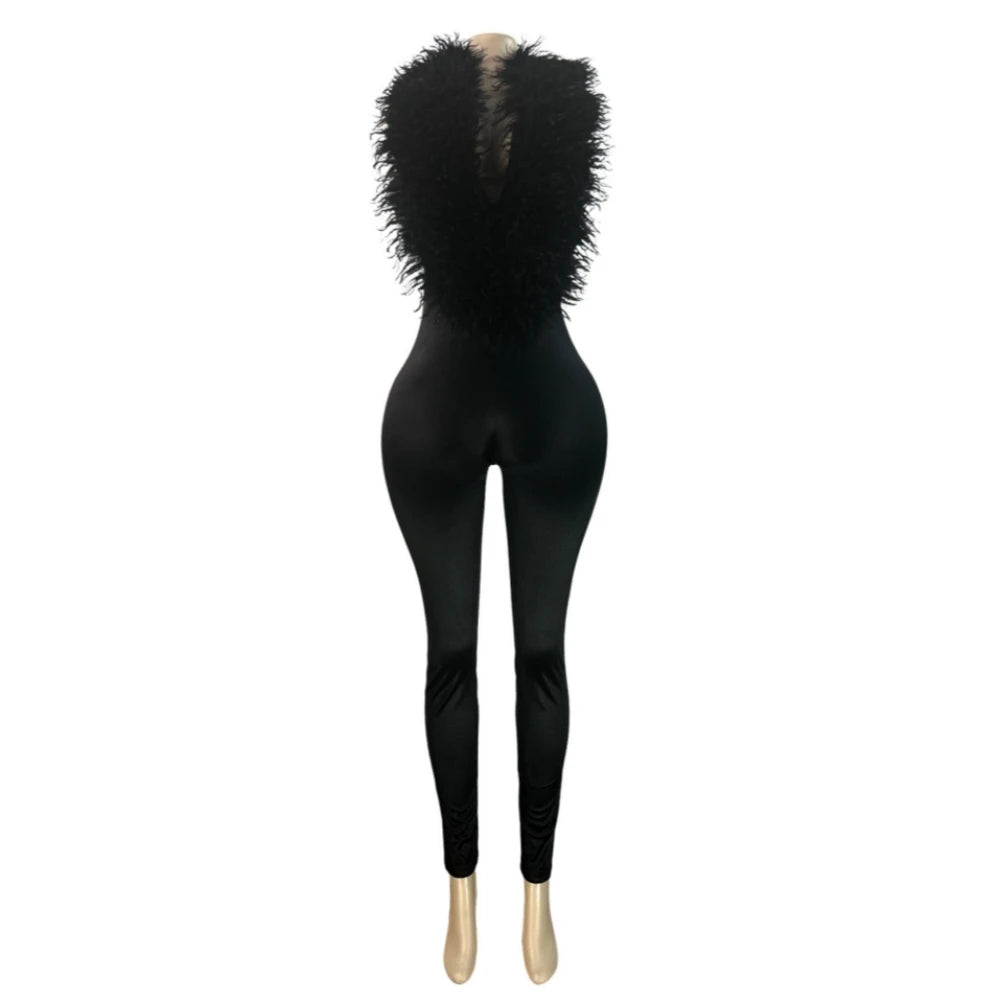 FAGADOER Women Faux Fur Halter Jumpsuit Deep V Neck Sleeveless Shiny Bodycon Long Pants Sexy Party Clubwear One Piece Outfit