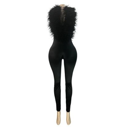 FAGADOER Women Faux Fur Halter Jumpsuit Deep V Neck Sleeveless Shiny Bodycon Long Pants Sexy Party Clubwear One Piece Outfit