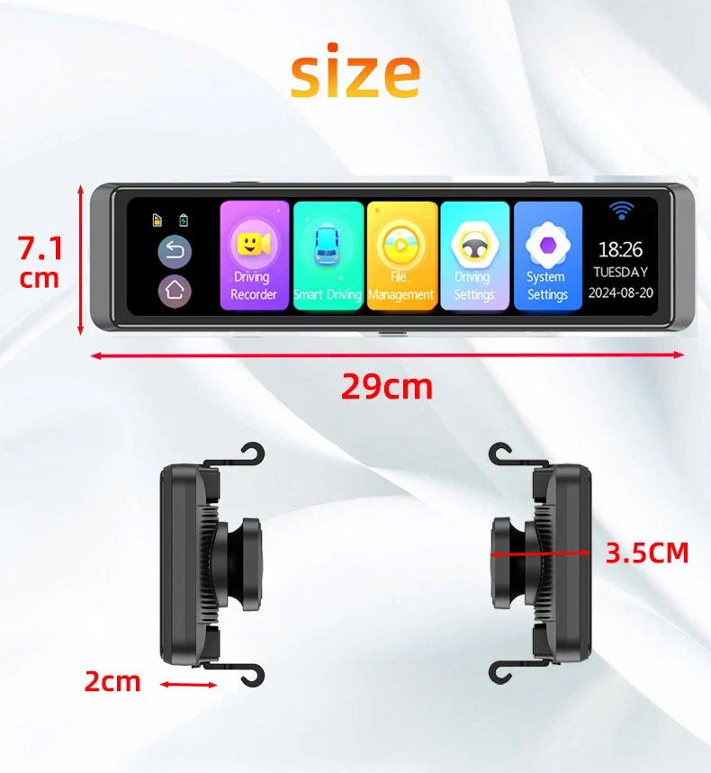 12''Rear View Mirror Camera 4-Channel Mirror Streaming with GPS BSD Blind Spot Detection 4K Front Lens+FHD1080Px3 Reverse Assist