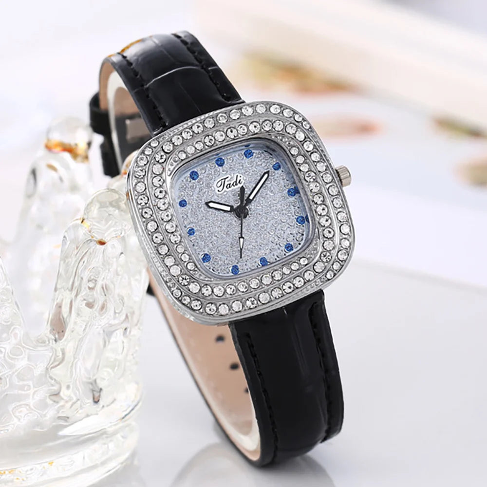 Women's 2025 New Luxury Full Star Diamonds Square Quartz Watch Business Women's Green Leather Casual Dress Clock Wristwatch