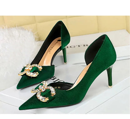 BIGTREE Party Pumps 7cm Thin High Heels Western Style Velvet Shallow Pointed Toe Side Hollow Crystal Pearl Bow Lady Shoes Pink