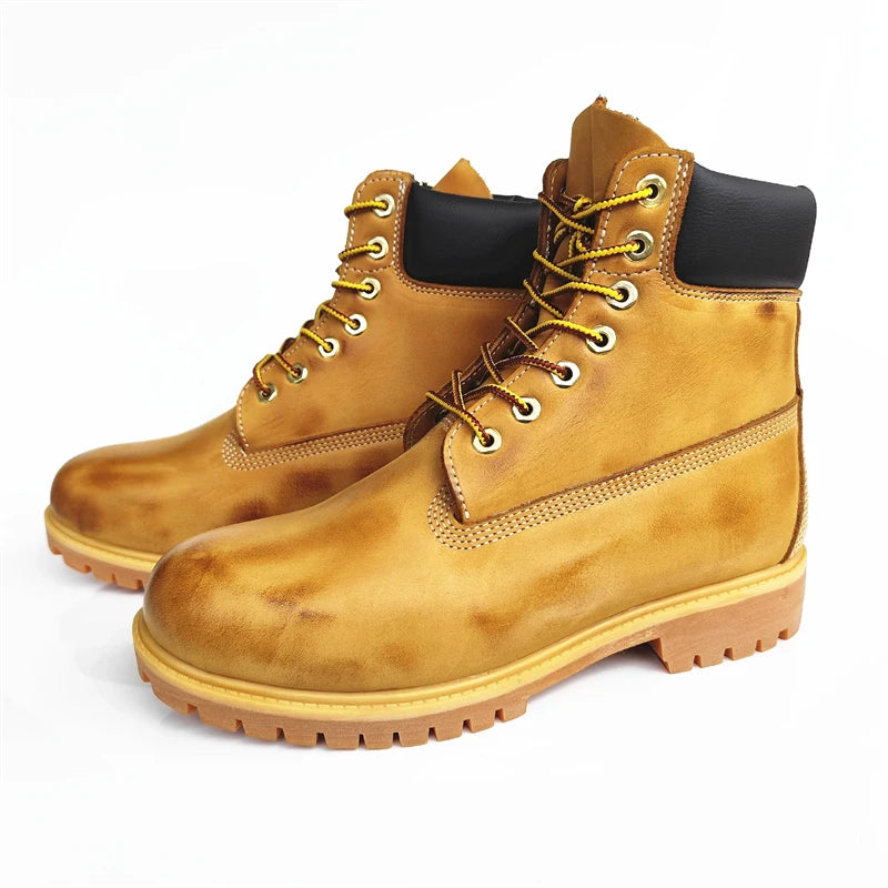 Handmade Retro Work Boots Men Outdoor Hiking Non-slip Ankle Motorcycle Boots Genuine Leather Wear-resistant Women Boots