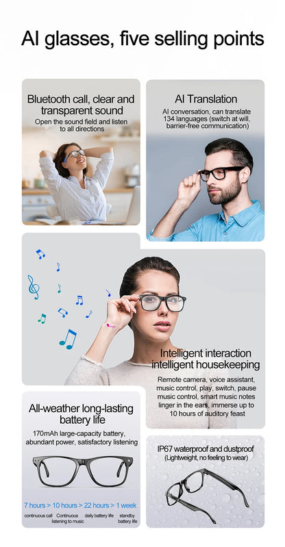 AI Smart Glasses for Men Smart Translation Glasses with Waterproof Call Function BT Smart Sunglas Outdoor Sports Headphones