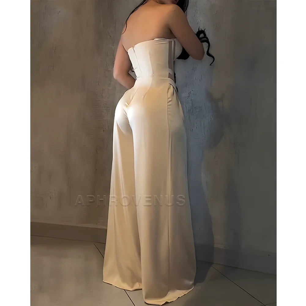 Women's Sexy Strapless Solid Color Jumpsuit Slimming High Waist Wide Leg Long Pants Elegant Party Romper Classy Clubwear Outfit