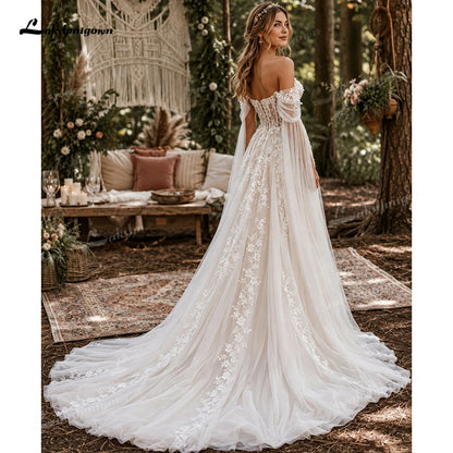 Romantic Off The Shoulder Boho Wedding Dress 3D Floral Lace Tulle Bridal Gowns Sweetheart A Line Wedding Gowns Customized
