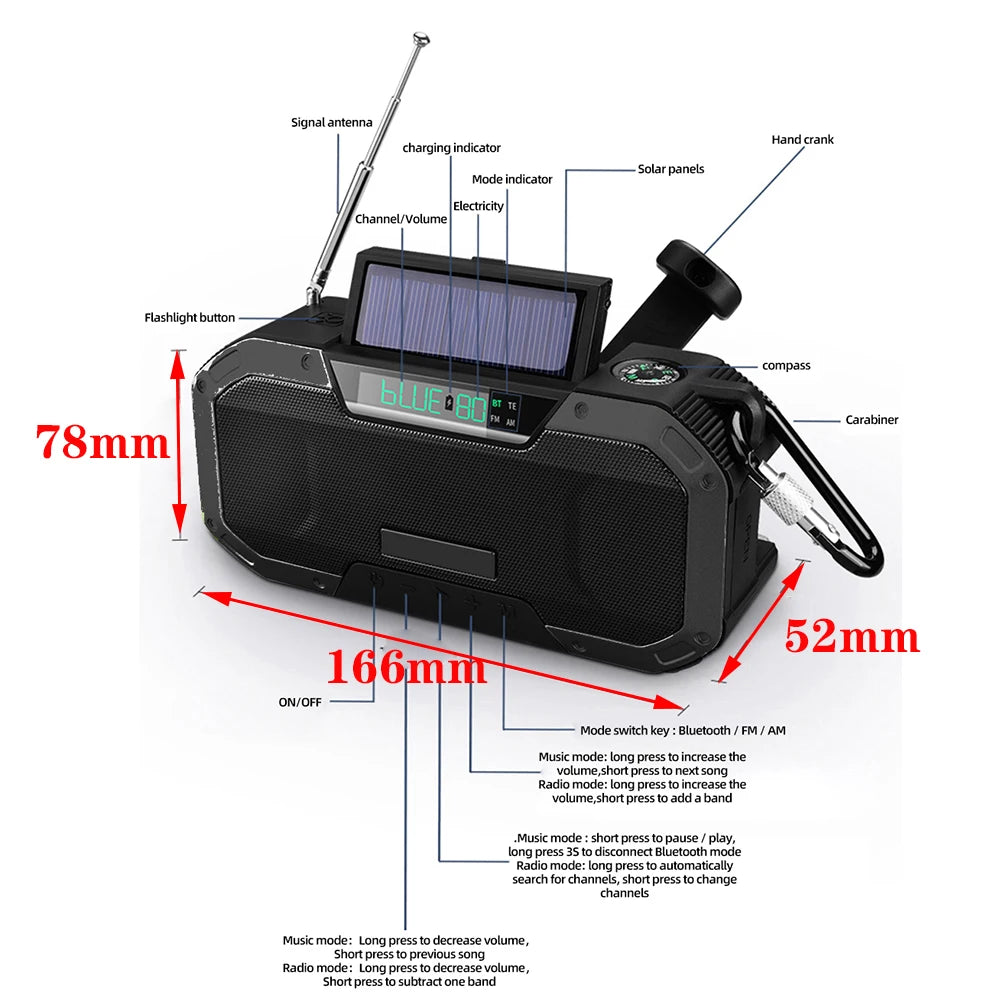Multi-purpose Emergency Radio Hand Crank USB Rechargeable On Batteries Solar Portable FM Radio Flashlight Reading Lamp SOS Alarm