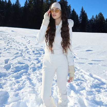 Chic Hooded One Piece Women's Winter Ski Suits Belt Stand Collar High Waist Pockets Overall Jumpsuits 2026 New Lady Warm Skiwear