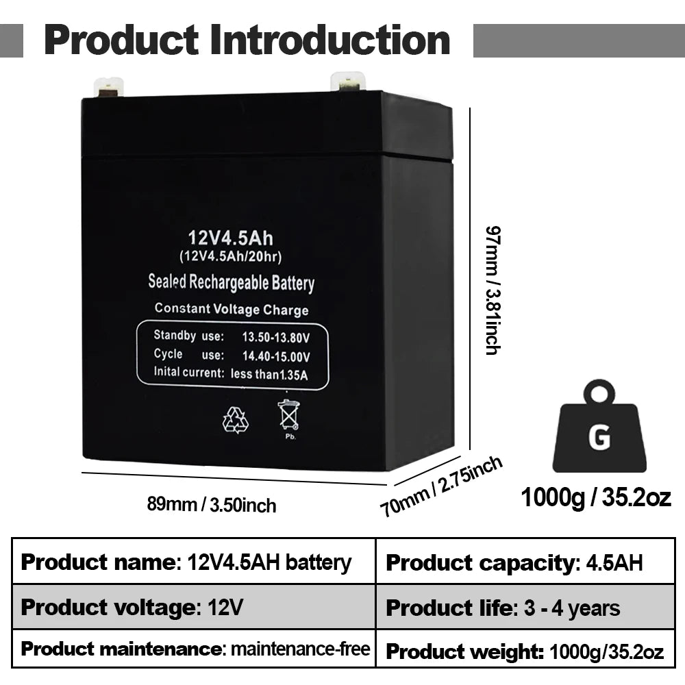 12V 4.5AH Maintenance Free Lead Acid Battery Solar Energy Storage For RV Camping Emergency Outdoor Solar System Household Use
