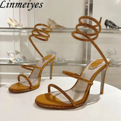 Summer Crystal Gladiator Sandals Women Rhinestone Twine Around Ankle Snake Wedding Shoes High Heels Sandals Woman