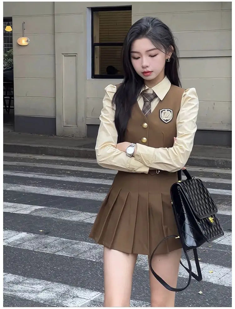 2024 england style uniform jk set suit autumn new suit waistcoat long sleeve shirt pleated skirt fashion three-piece women w753