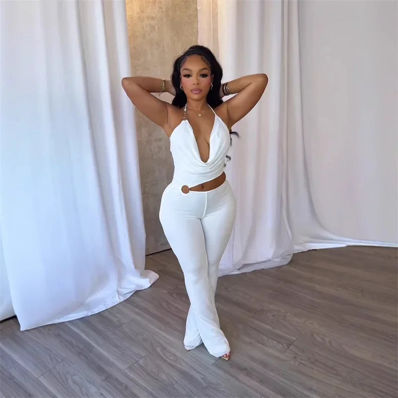 Doyerl Halter V-neck Backless One Piece Jumpsuit Women Sexy Hollow Out Sleeveless Night Club Outfits Birthday Rompers Overalls