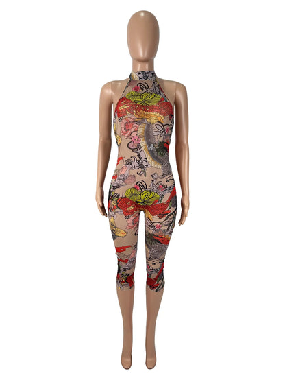 Sheer Mesh Print Transparent Sexy Bodycon Backless Jumpsuit Women Sleeveless Summer Rompers Jumpsuits for Women Playsuit