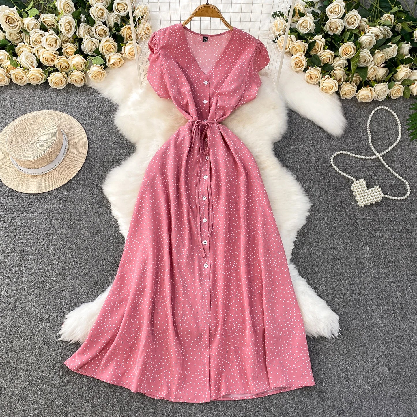 Summer Women Polka Dot Long Dress Vintage V-Neck Flying Sleeve High Waist Single Breasted A-Line Casual Vestidos Female Robe New