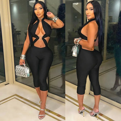 Stylish Lady Halter Jumpsuit Women Metal Ring Cutout Splicing Bodycon Capri Jumpsuit Backless Hollow Out Slim Club Party Romper