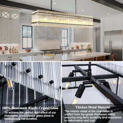 Modern Rectangular Crystal Glass Chandelier, 10-Lights Black Chandelier Lighting Contemporary Pendant Ceiling Light Fixture