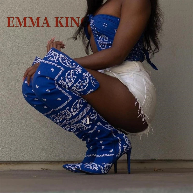 Autumn Winter Women Thigh High Boots Bandana Prints Bad Girl Heels Shoes Pointy Toe Silk Stiletto Botas Altas Mujer Size 35-44