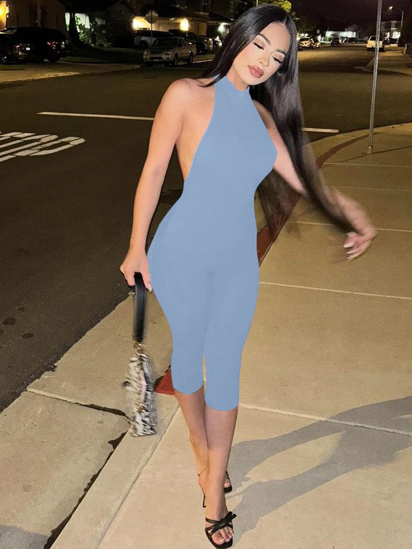 Dulzura Women'S Halter Sleeveless Backless Ribbed Single Breasted Jumpsuit Solid Sexy Casual Romper Party Club Street Clothes
