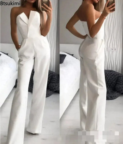 New Fashion Women's Elegant Jumpsuits Solid Off Shoulder Sexy Slim Jumpsuits Female Sleeveless High Waist Wide Leg Rompers Pants