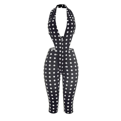 FLARORA Sexy Polka Dot Print Jumpsuits Woman Hipster Halter Sleeveless Backless Hollow Skinny Jumpsuit Hottie Party Streetwear